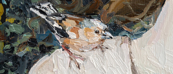 The girl lies in the grass. A bird sits on the woman's shoulder. Oil painting on canvas. Contemporary art.