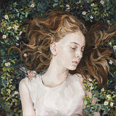 The girl lies in the grass. A bird sits on the woman's shoulder. Oil painting on canvas. Contemporary art.
