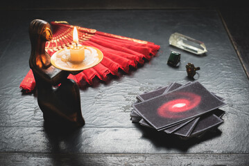 Tarot cards on the magic table background. Future reading concept.