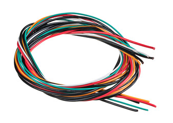 Close-up of multi-wire cables bundle plaited to circle isolated on white background. Colored wiring assembly of copper conductors with plastic insulation. Electric wire harness for use in electronics.