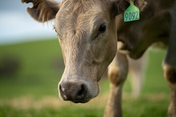 Stud Beef bulls and cows grazing on grass in a field, in Australia. breeds include speckle park,...