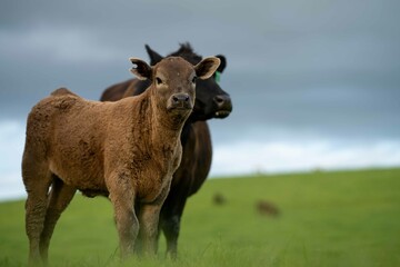 Stud Beef bulls and cows grazing on grass in a field, in Australia. breeds include speckle park,...