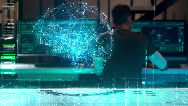 Holographic 3D Simulated Digital Neural Brain Interface. Artificial Intelligence Engineer working on Computers Writing Code for Machine Learning and Metaverse Data Network.