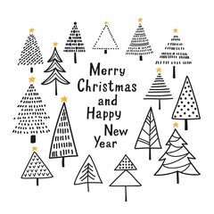 Merry Christmas greeting card. Hand drawn Christmas trees. Vector illustration. - 468653656