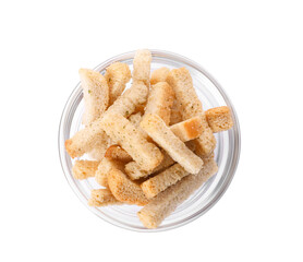 Crispy rusks in bowl isolated on white, top view