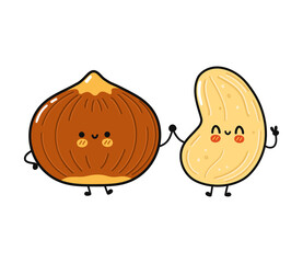 Cute, funny happy hazelnut and cashew character. Vector hand drawn cartoon kawaii characters, illustration icon. Funny cartoon hazelnut and cashew friends concept