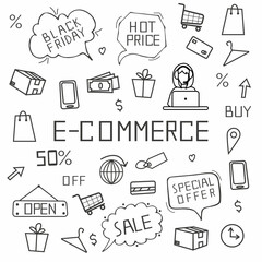 E-commerce elements doodle set, isolated on white background. Vector illustration