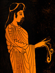 Typical ancient Greek pottery paintings depicting reddish figures on a black background.