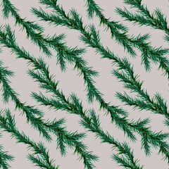 Seamless watercolor pattern of hand-drawn Christmas tree branches. Spruce for Christmas gift or wrapping paper, fabric. Gray-green trendy range of colors. Sleek minimalism.