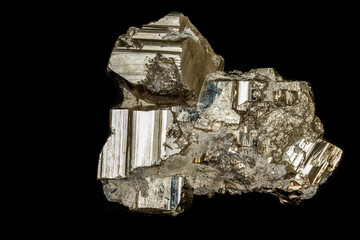 Macro mineral stone Pyrite on a black background