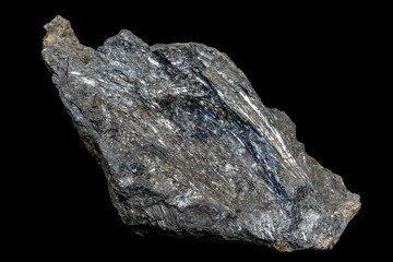 Macro of a stone Stibnite mineral on a black background