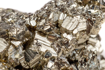 Macro mineral stone Pyrite gold on white background