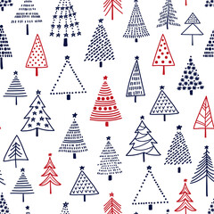 Seamless pattern with hand drawn Christmas trees on white background. Vector illustration. - 468655610
