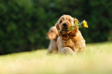 English Cocker Spaniel, golden puppy playing with a sunflower flower. Little golden puppy at play in the garden. Little puppy running and playing with a flower in the green grass. - obrazy, fototapety, plakaty