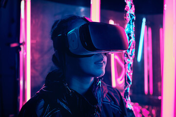 Teenager wearing virtual reality glasses in neon light