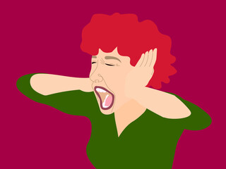 Young emotional very angry and distressed woman screaming. Screaming woman with red hair covering her ears. Both hands of the girl covering ears to protect. Vector Illustration