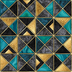 seamless pattern, geometric background with black gold and green triangles. Trendy wall mosaic tiles with artificial stone textures. Modern marble wallpaper