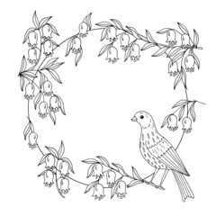 Frame with bird and flowering branches, coloring page