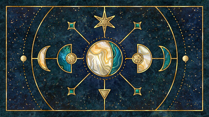 abstract cosmic background with gold metallic foil and marbled textures inlay. Sacred geometry with celestial motif, stars and planets. Moon phases wallpaper