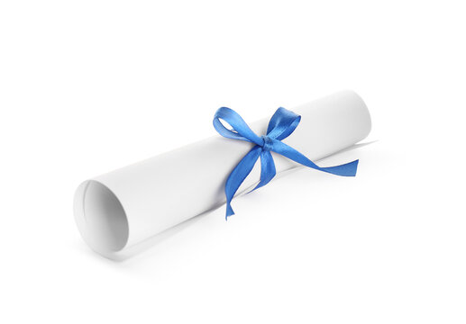 Rolled student's diploma with light blue ribbon isolated on white