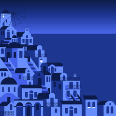 Night's blue-white houses on a high bank and sea background. Vector illustration in flat style for touristic industry