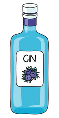 Classic dry blue Gin in a bottle. Doodle cartoon hipster style vector illustration isolated on white background. Good for party card, posters, bar menu or alcohol cook book recipe