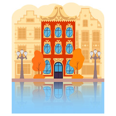 Autumn view of the city of Amsterdam street.Vector flat illustration.Dutch cityscape canal.