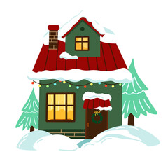 
Cozy Christmas winter house. Illustration of decorated winter house on Christmas for greeting card. Christmas house in the snow