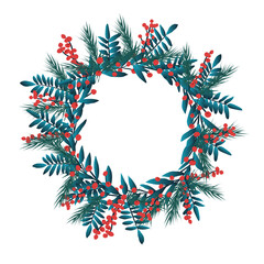 Ilustración de corona con naturaleza navideña, espacio para texto con fondo blanco. Ramas y hojas verdes y frutos rojos  - obrazy, fototapety, plakaty