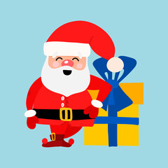 Vector Christmas illustration with Christmas Santa Claus in cartoon style. A cartoon character with different emotions, a Christmas tree and gifts.