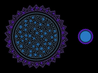 Glossy polygonal mesh web round seal stamp icon with glow effect on a black background. Carcass round seal stamp iconic vector with glamour dots in bright colors.