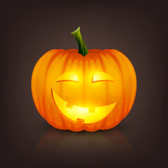 Vector Glowing Glossy Cartoon Halloween Pumkin Lantern with Funny Face. Front View. Design Template of Realistic Pumkin Jack O Lantern. Autumn Holidays, Halloween Concept