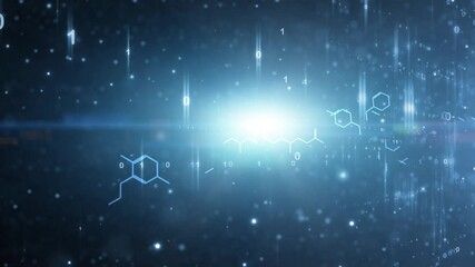 Hexagon chemical bonds science chemistry animation on bright blue glowing cyberspace with binary data background.