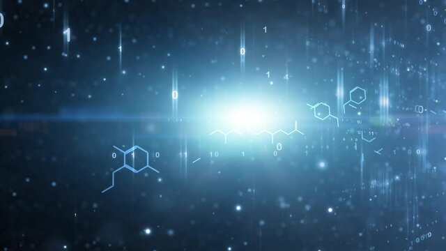 Hexagon chemical bonds science chemistry animation on bright blue glowing cyberspace with binary data background.
