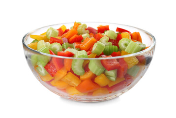 Mix of fresh chopped vegetables in glass bowl isolated on white