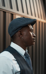 Retrato de perfil de un hombre con boina y traje, pensativo.
