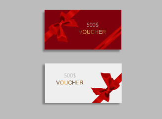 Gift voucher with gold ribbon and bow. Discount luxury coupon. Vector illustration