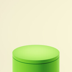 Fresh yellow green color cylindrical pedestal or podium, light citron background. Mock up design for display case,  showcase, shopfront. 3d render illustration.