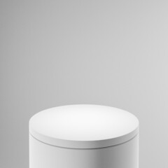 White cylindrical pedestal or podium, light gray background. Mock up design for showcase, display case, shopfront. 3d render.