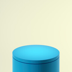 Cyan blue cylindrical pedestal or podium, light citron background. Mock up design for display case,  showcase, shopfront. 3d  illustration.