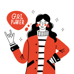 Girl Power Poster in Modern Doodle Style. Happy Young Woman Gesturing Rock Sign. Freedom. Motivational Slogan Feminism Quote - Girl power. Gender Equality Label. Vector Design Illustration.