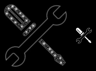 Glossy polygonal mesh web repair tools icon with glare effect on a black background. Carcass repair tools iconic vector with glowing points in bright colors.