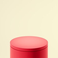 Red color cylindrical pedestal, light citron background. Mock up podium design for display case,  showcase, shopfront. 3d render.