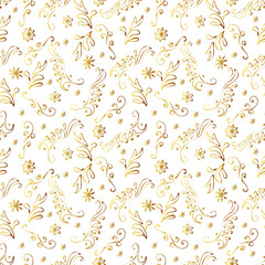 Hand-drawn golden seamless winter pattern with curls and snowflakes. Vector illustration for wrapping paper, greeting cards and invitations. 