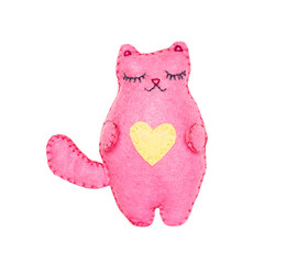 Hand-sewn toy cat. Isolated on white background.