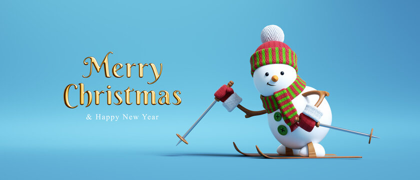 3d render, Merry Christmas golden text, cartoon character snowman skiing, isolated on blue background