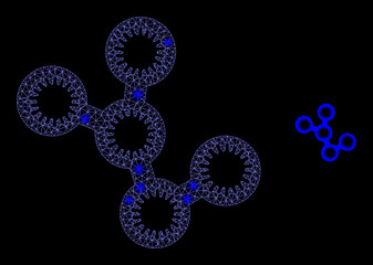 Glossy polygonal mesh net microbes icon with glare effect on a black background. Network microbes iconic vector with flash spheres in vibrant colors.