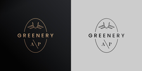 Luxury corporate identity logo design rose gold emblem with initials and floral decoration