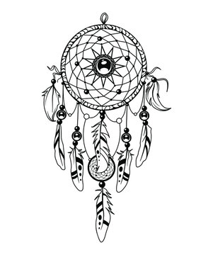 Hand drawn sketch of Amulet of the Dream catcher on a white background. Spider. Ethnic indian dreamcatcher