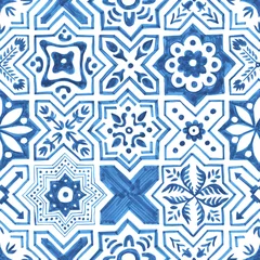 Gordijnen Seamless moroccan pattern. Square vintage tile. Blue and white watercolor ornament painted with paint on paper. Handmade. Print for textiles. Set grunge texture. © flovie